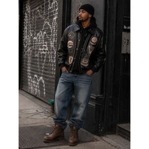 Vintage Rare Avirex Tuskegee Airmen  Black Leather Bomber Jacket 3XL
